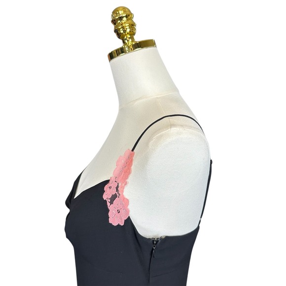 RARE BCBGMAXAZRIA Black Midi Dress Pink Floral Lace Trim Sweetheart Slip Dress 6 - Picture 6 of 13